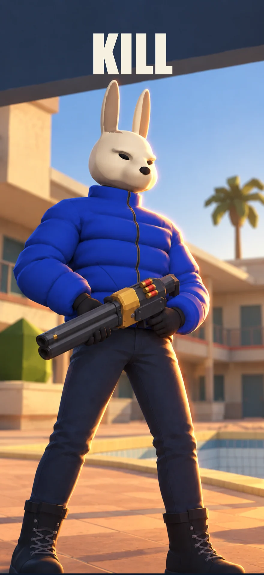 KILL — rabbit mask, blue jacket, brass shotgun.