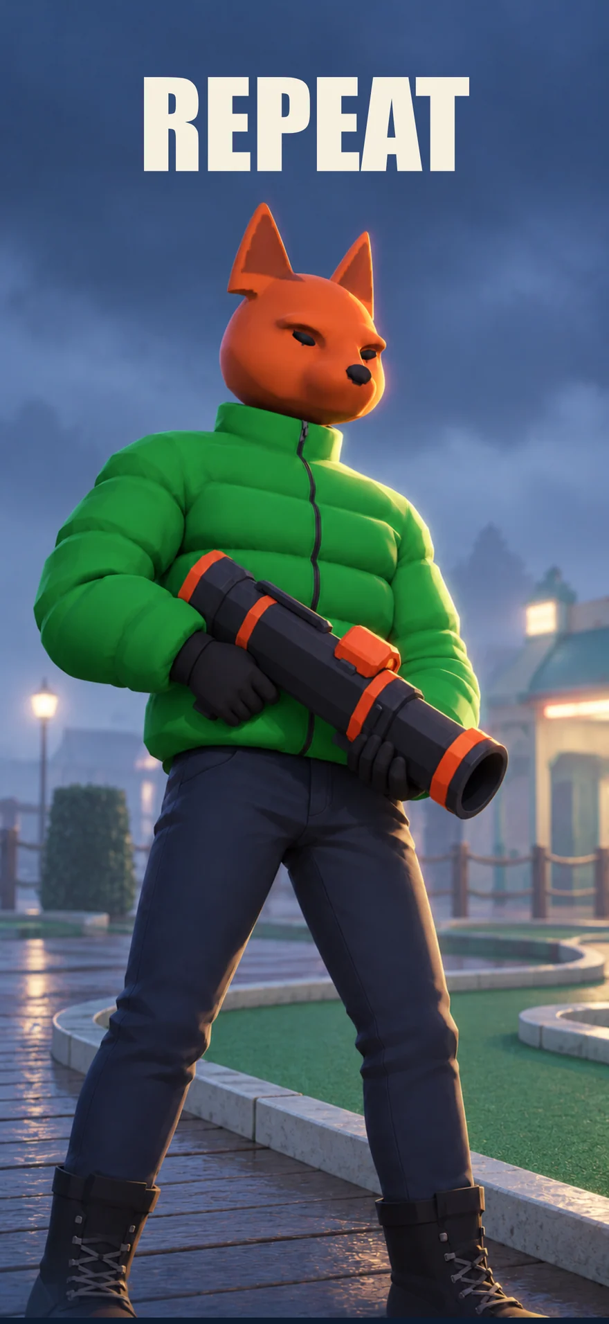 REPEAT — fox mask, green jacket, rocket launcher.